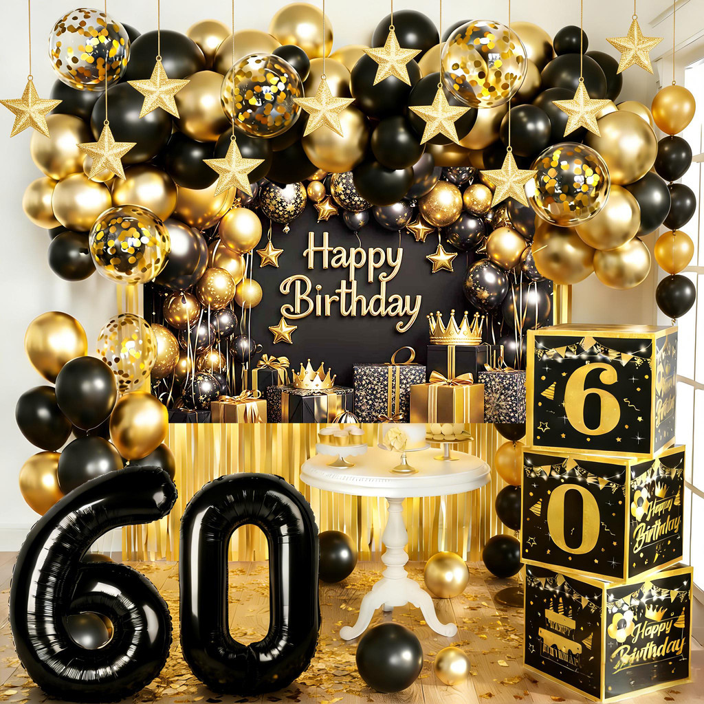 60th Happy Birthday Party ตกแต่งชุด Black Golden Confetti บอลลูนและ 32 นิ้วสีดําจํานวนฟอยล์บอลลูนสํา