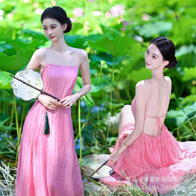 Photo Studio Photo Sense Halter Strap Sling Dress ผู้หญิงวันหยุดสไตล์เอวแคบ Slimmer ดู Big Swing 12.