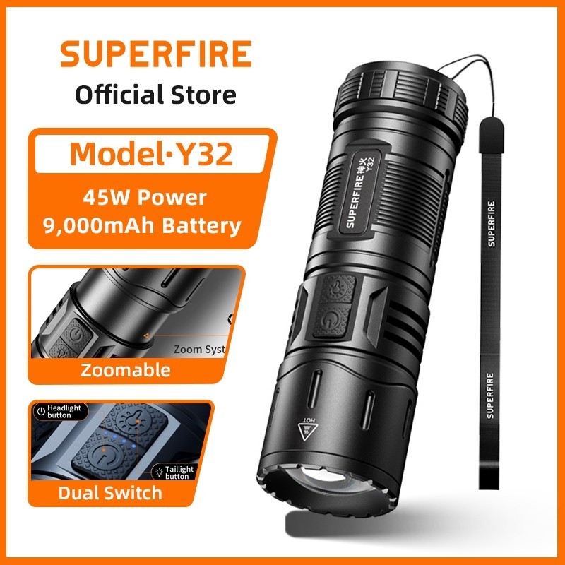 SUPERFIRE Y32 ไฟฉายแคมป์ปิ้ง LED 45W สว่างสูง 2500 ลูเมน ซูมได้ ชาร์จ USB-C แบตเตอรี่ 9000mAh อลูมิเนียมอัลลอยด์