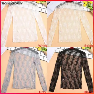 Technicolorsky Elegant โปร่งใสเสื้อยืดเซ็กซี่แขนยาวตาข่าย Tulle ดูผ่านเสื้อ TSY