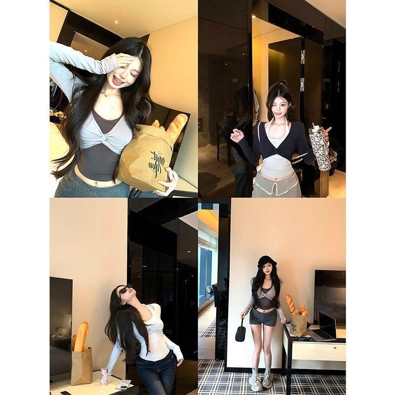 แบรนด์เสื้อยืดคอกลมแขนสั้นทรงเข้ารูป ดีไซน์ฤดูใบไม้ร่วงสำหรับผู้หญิง สีตัดกัน ทรงเพียวเดส ดีไซน์เก๋ไก๋ เหมาะสำหรับผู้