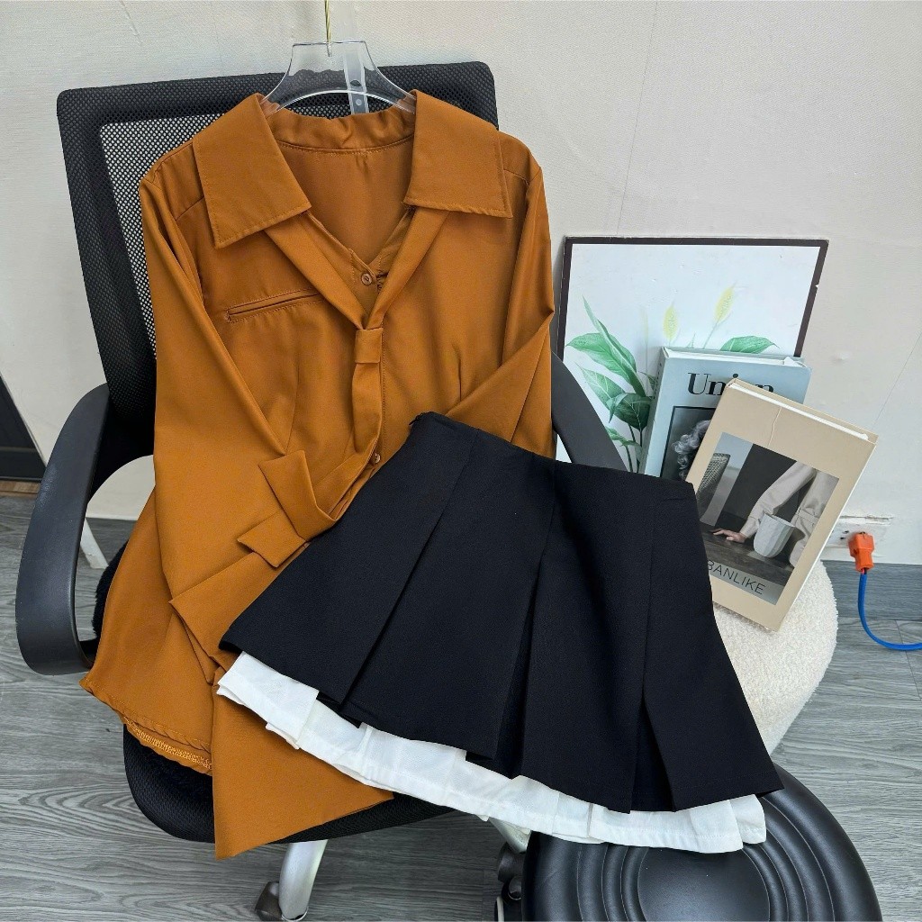 ชุดผู้หญิงไซส์ใหญ่สํานักงาน – เสื้อเชิ้ตลายทางหลวมพร้อมกระโปรงผูกเน็คไทและจับจีบ 50-95 กก. SM168+CV4