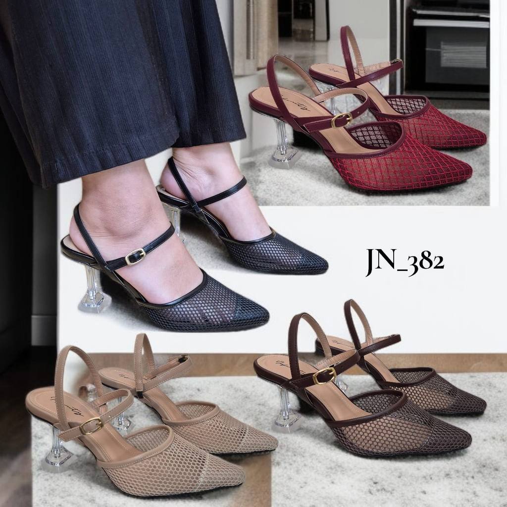 JN_382 SERENA Heels Sandals 7cm Glass Heel Mules / รองเท้าส้นสูงที่สวยงามรองเท้าแตะสายรัดตาข่ายของผู