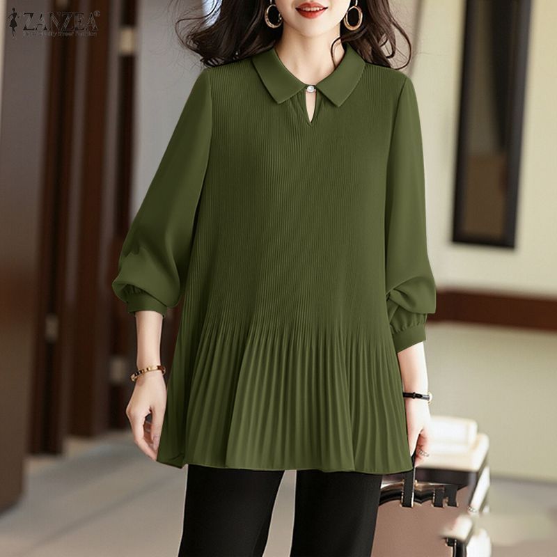 ZANZEA ผู้หญิงเกาหลี Elegant Officewear ปก 3/4 แขนโคมไฟ Pleats Hem Midi A-Line เสื้อเบลาส์ — صورة 4