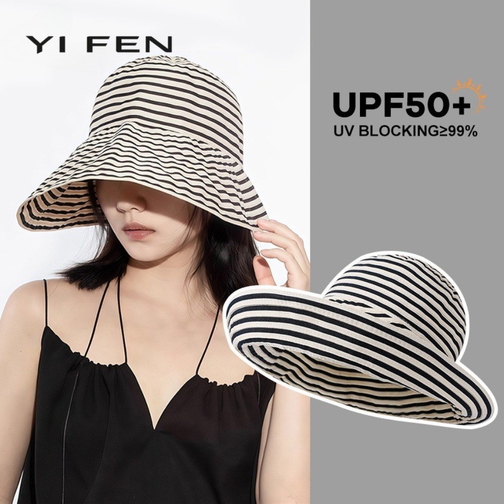 YIFEN หมวกกันแดดผู้หญิง ลายทาง (ขายดี)｜บักเก็ตปีกกว้าง｜ใส่แล้วหน้าเล็ก มินิมอล｜แฟชั่นหน้าร้อน