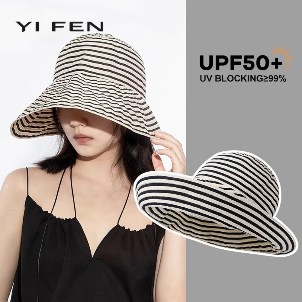 YIFEN หมวกกันแดดผู้หญิง ลายทาง (ขายดี)|บักเก็ตปีกกว้าง|ใส่แล้วหน้าเล็ก มินิมอล|แฟชั่นหน้าร้อน