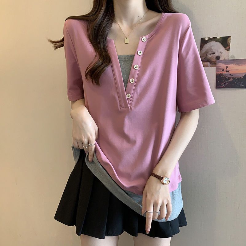 ขนาดใหญ่ Niche Design ปลอมสองชิ้นแขนสั้นเสื้อยืดผู้หญิงฤดูร้อนสไตล์ใหม่หลวมกลางความยาว All-Match Age-Reduction Top