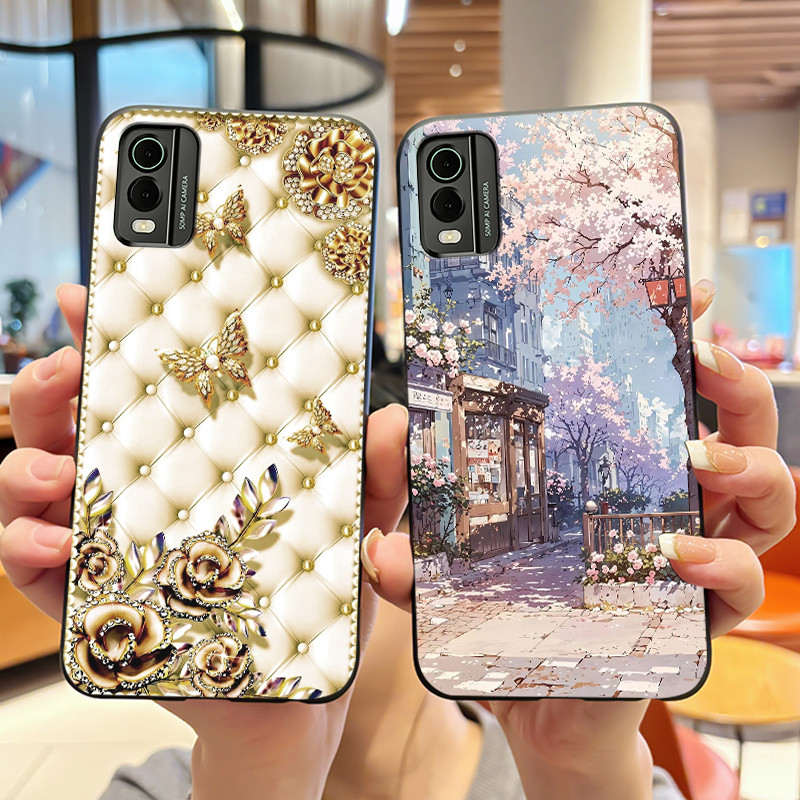 เคสสีดําเรียบง่ายสําหรับ Nokia C32 TA-1534 สไตล์มังงะที่สวยงาม Cherry Blossom Street รูปแบบสําหรับ N