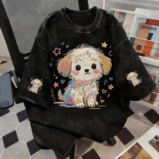 TEE·SHOP🍀เสื้อยืด oversize เสื้อเท่ๆ เกาหลี "2026 Colorful dog"เสื้อแฟชั่นใ เกาหลีสไตล์ พิมพ์ลาย ผ้านิ่มใส่สบาย COD📦