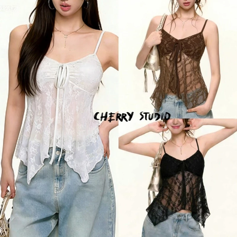 Cherry พร้อมส่ง🍧 สไตล์หวานเผ็ด มีโครงอก ปักลาย เสื้อสายเดี่ยวลูกไม้เซ็กซี่สไตล์อเมริกัน ดีไซน์ใหม่ ทรงเข้ารูป ใส่ได้หลา