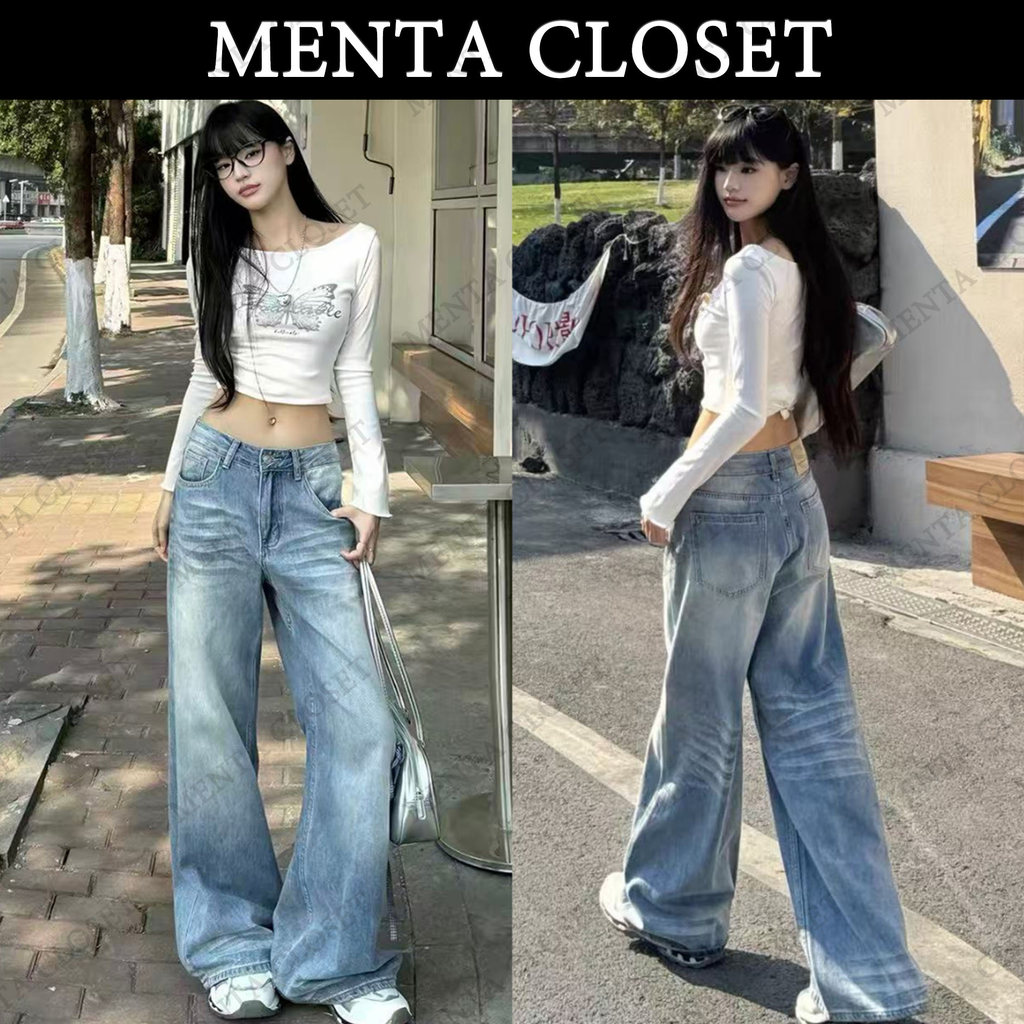 MentaCloset กางเกงยีนส์ขายาวขากว้างสีน้ำเงินอ่อนรุ่นใหม่ การออกแบบรอยพับ หลวมและดูผอม กางเกงขาตรง V124 – โปรปัง