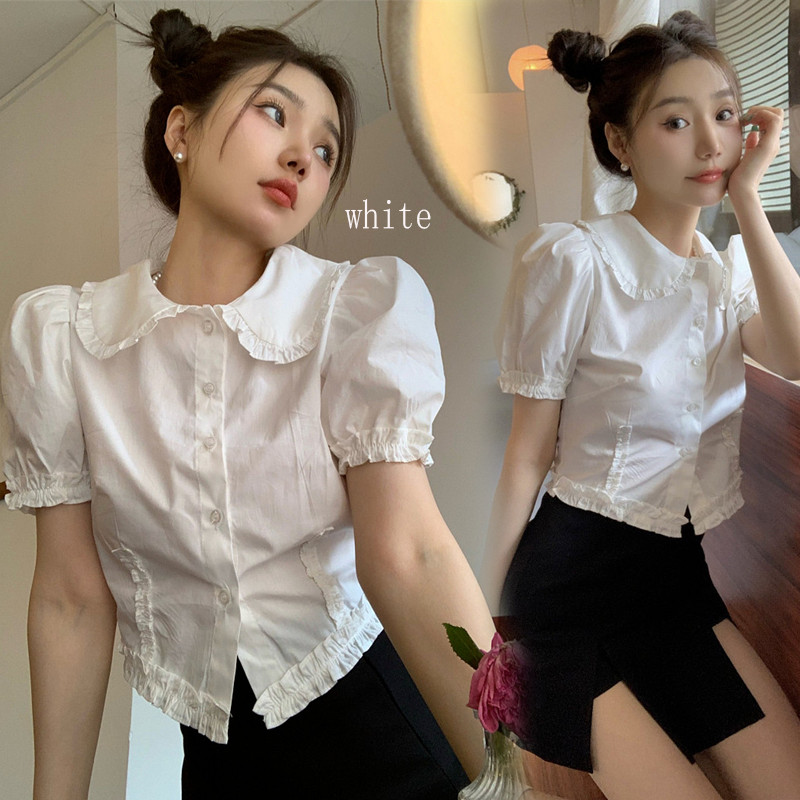 Dahong💖 w704 เสื้อผู้หญิงธรรมดา แขนเสื้อพอง เอวสูงแขนสั้นเสื้อด้านบน กระดุมหน้า ดีเทลเเต่งระบาย วินเทจสไตล์น่ารัก