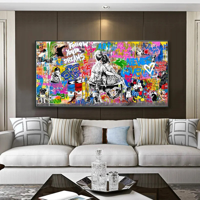 Banksy Graffiti Wall Art โปสเตอร์ Mickey & Minnie Street ผ้าใบพิมพ์ Banksy Wall Decor ภาพ Banksy ภาพ