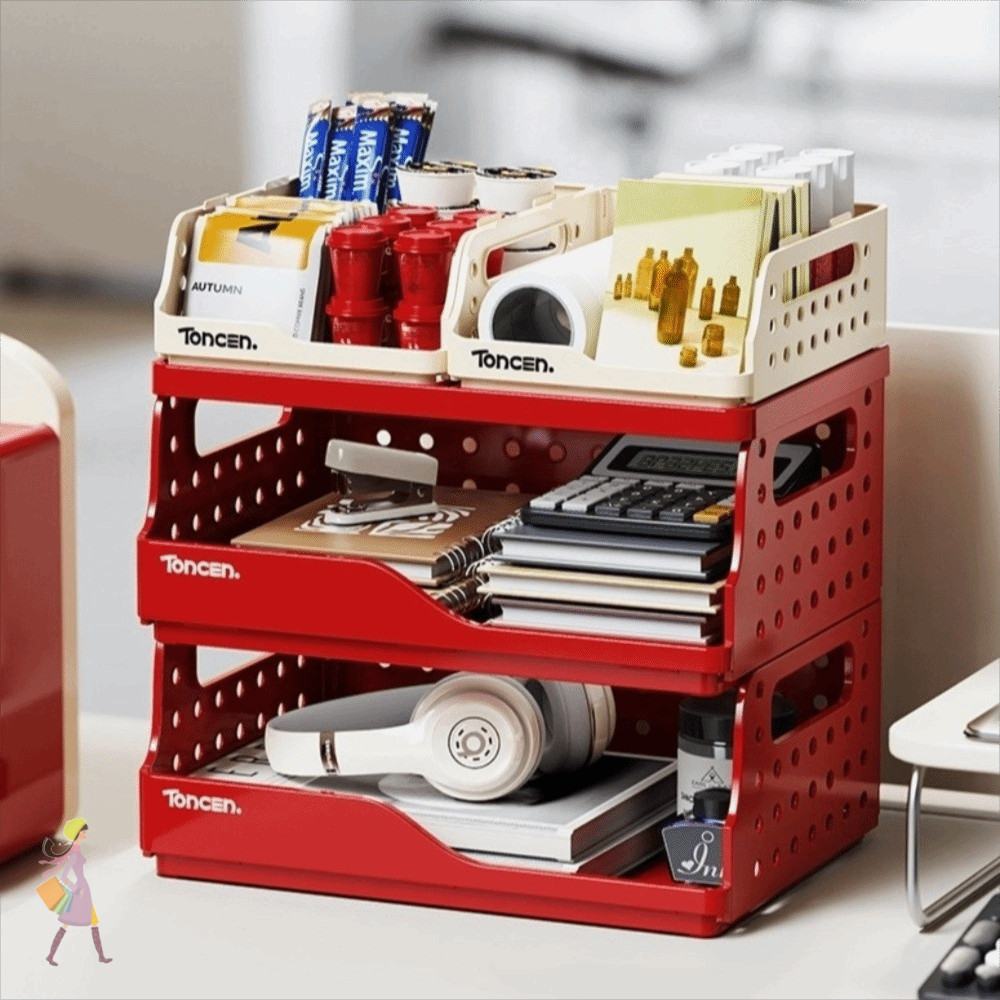 INNICE ชั้นวางหนังสือตั้งโต๊ะแบบพับได้, ชั้นเก็บของตั้งโต๊ะ Pegboard วางซ้อนกันได้, โต๊ะสํานักงานลิ้