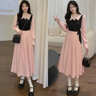 blue long sleeve dress เดรสฟ้าวันแม่ สาวอวบ เดรสผู้หญิง เกาหลี คุณหนู สบายๆ สุภาพ new 2026