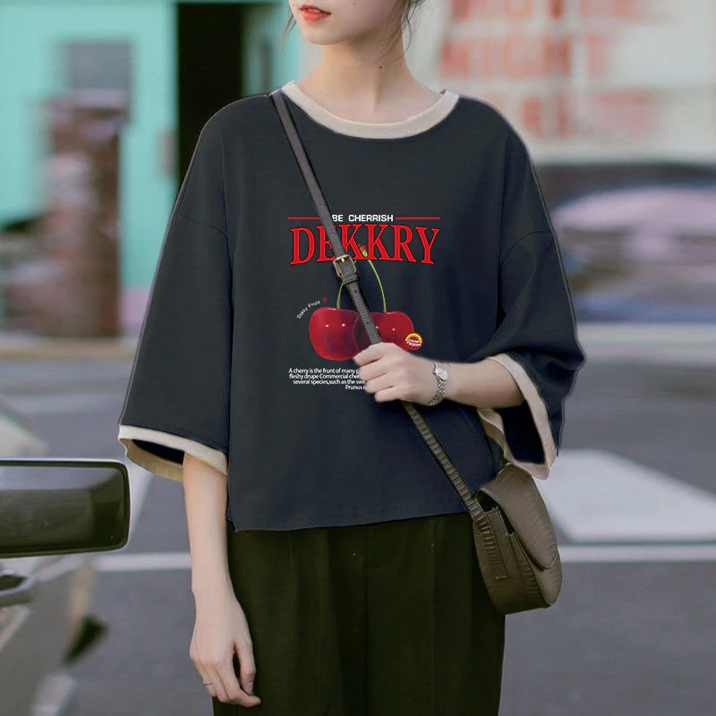 เสื้อครอปสาวอวบอ้วนไซส์ใหญ่ oversize เสื้อผ้าแฟชั่นวัยรุ่นน่ารัก เสื้อยืดลายการ์ตูนสวยๆผู้หญิงฤดูร้อนใหม่ แขนห้าส่วนสีทู thumbnail 8