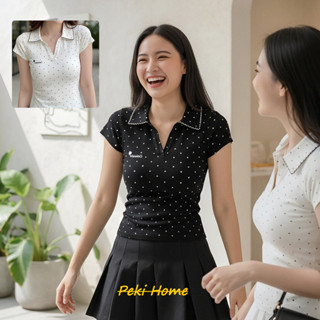 เสื้อโปโลผู้หญิงแขนสั้น ลายจุด สไตล์อเมริกัน