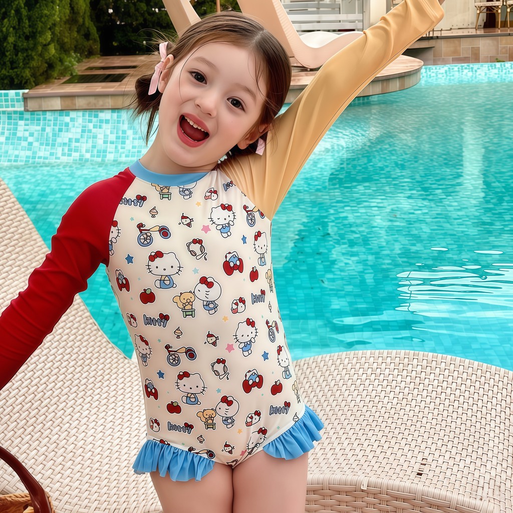 BABY BEACH ชุดว่ายน้ำเด็กผู้หญิง ชุดเที่ยวทะเลเด็ก ชุดวันพีชเด็ก แขนยาว 🐱 มีไซส์ 110-140 ลายการ์ตูนน่ารัก พร้อมส่ง Y493 - รูปที่ 3