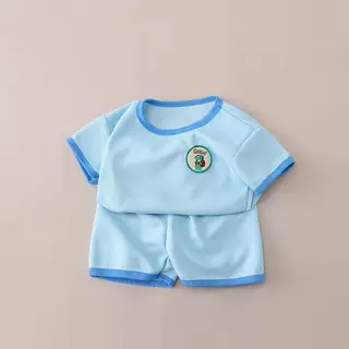 MooDeng Baby ชุดเซต เด็กชาย เด็กหญิง เสื้อ กางเกงขาสั้น ผ้าวาฟเฟิล ผ้าผสม คอกลม แขนสั้น เอวยางยืดชุดผ้าวาฟเฟิล