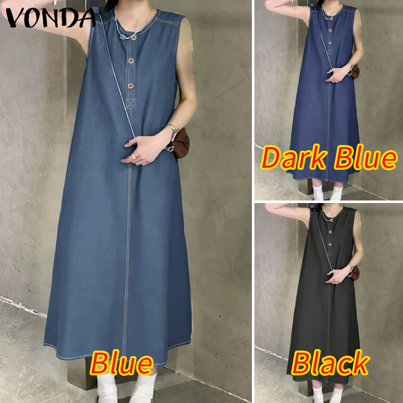VONDA ดRESS แขนกุดสไตล์เกาหลีย้อนยุคสำหรับผู้หญิง ทรงแม็กซิ คอครึ่งปุ่ม เปิดหน้าอก สไตล์ STREET ใส่สบายในฤดูร้อน — صورة 3