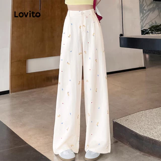 Lovito กางเกงแคชชวลผู้หญิง ทรงหลวม เหมาะกับทุกฤดูกาล กางเกงขายาวสีขาวล้วน ทรงหลวม เหมาะกับทุกฤดูกาล เกาหลี อินเทรนด์ L144AD012