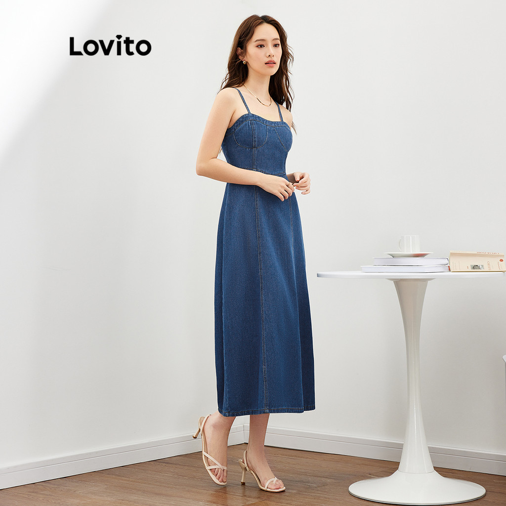 Lovito เดรสยีนส์ลําลองสายสปาเก็ตตี้ธรรมดา A-Line กลางi เดรสยีนส์สําหรับผู้หญิง L47ED150 (สีฟ้า) - รูปที่ 4