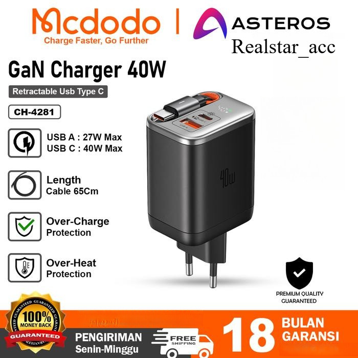 MCDODO FreeGo Charger GAN PD CH-4281 CH-4280 40w Built in Retractable Cable Original Product