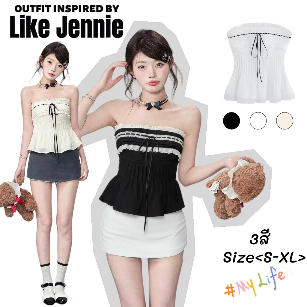 Jennie🧀พร้อมส่ง🎀เสื้อครอปสไตล์สวยงาม ทรงครอบอกแต่งลูกไม้ เชือกผูกเอวกระชับ ผิดรูปร่างสวย