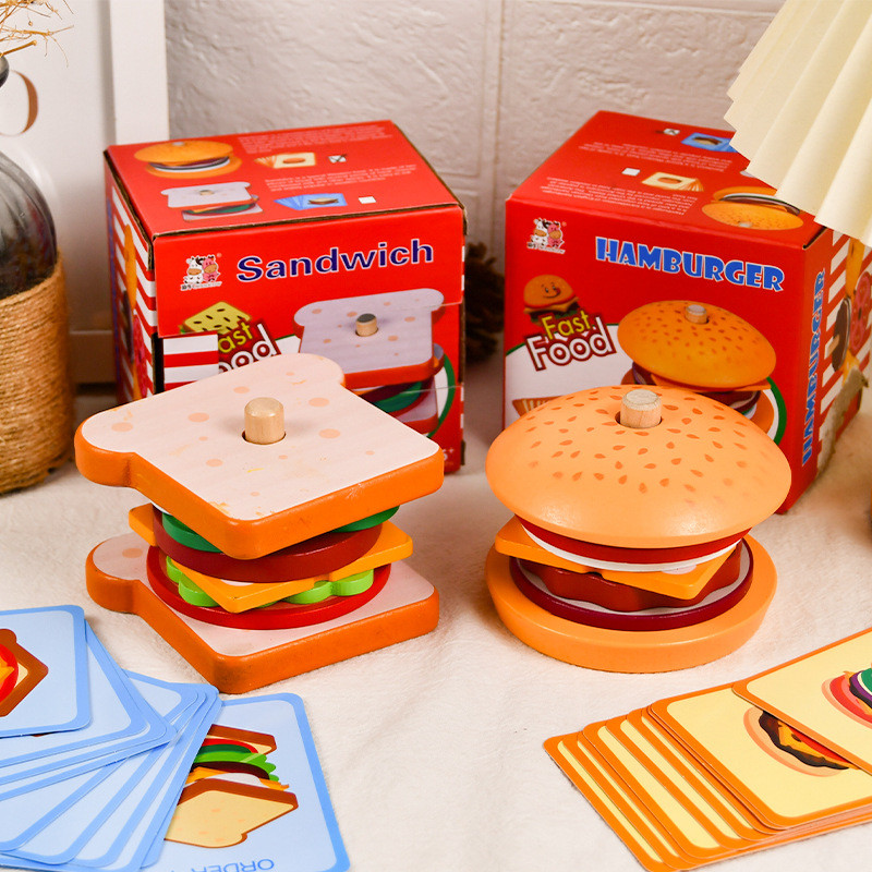 3.19 เด็กจําลอง Play House Burger French Fries แซนวิชชุดคอลัมน์จับคู่การศึกษาอาหารตัดประกอบของเล่นไม