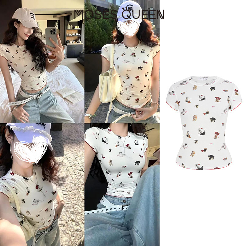 MOSESQUEEN สุภาพสตรีลูกเรือคอด้านบนน่ารักการ์ตูนแมวสุนัขและ Paw พิมพ์แฟชั่น Slim Fit นุ่ม Breathable วัสดุสไตล์หวานทุกการแข่งขันทุกวันชุดผู้หญิง #63557-63557-1