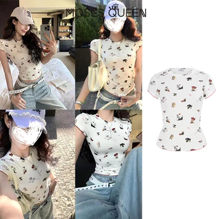 MOSESQUEEN สุภาพสตรีลูกเรือคอด้านบนน่ารักการ์ตูนแมวสุนัขและ Paw พิมพ์แฟชั่น Slim Fit นุ่ม Breathable วัสดุสไตล์หวานทุกการแข่งขันทุกวันชุดผู้หญิง #63557-63557-1