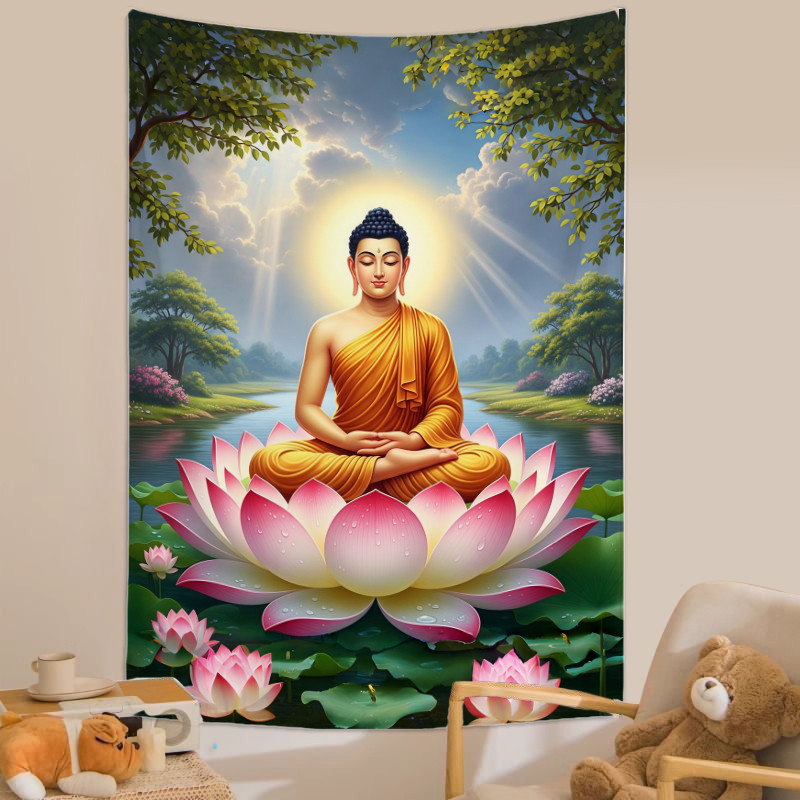 ผ้าประดับพระพุทธรูปบัลลังก์ดอกบัว พระศากยมุนี พระพุทธรูปอินเดีย แบนเนอร์เฉลิมฉลอง งานแต่งงาน วันเกิด ถ่ายภาพ ถ่ายทอดสด