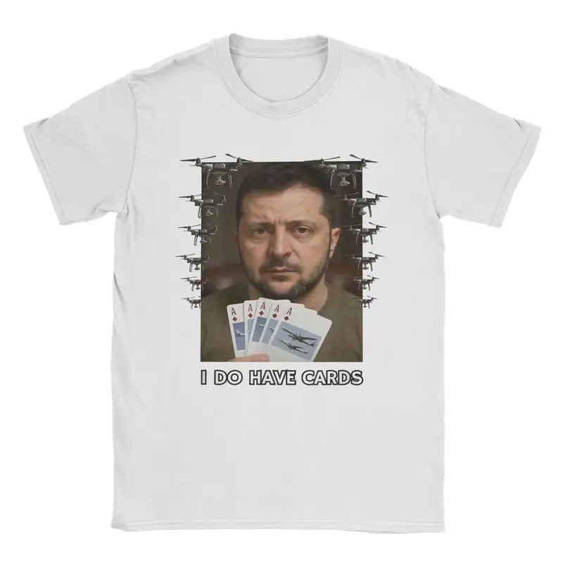 เสื้อยืดผู้ชายลายยูเครน I Have Cards Zelensky เสื้อยืดลายตลกสไตล์ยูเครน แขนสั้น คอกลม ผ้าฝ้าย 100% ไ