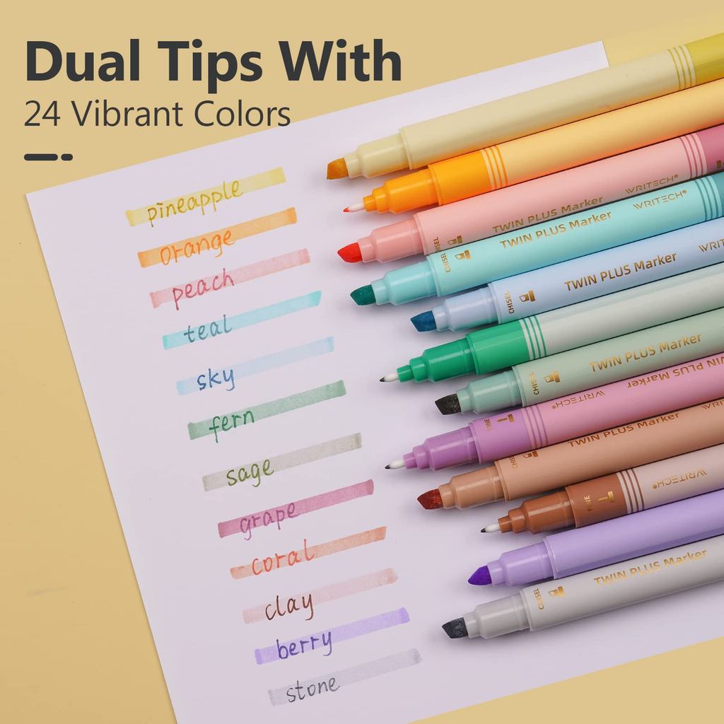 WRITECH Dual Tip Highlighter Set 12 Colors Pastel Fine and Chisel Study Markers