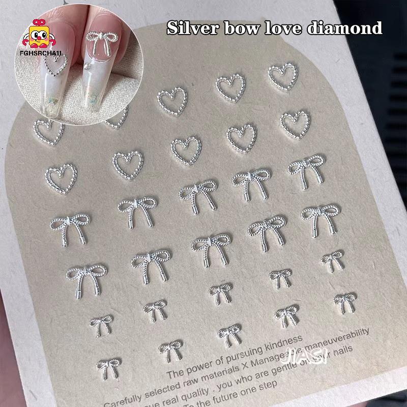 FG 10pcs โลหะผสม Bowknot Love เล็บ Art Charms ตกแต่ง 3D โลหะหรูหรา Silver Bows รูป Jewellery DIY เล็บออกแบบอุปกรณ์ HS