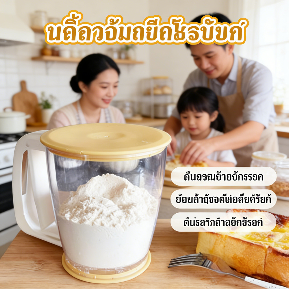 ที่ร่อนแป้งมือบีบพลาสติก ที่ร่อนแป้งมือบีบกระป๋อง ที่ร่อนแป้งมือบีบกระชอน ที่ร่อนแป้งมีฝาปิดสีเหลือง