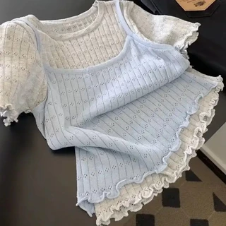 COCO-เสื้อยืดสตรี เสื้อแขนสั้น สี Splicing คอกลม เรียบง่าย น่ารัก แฟชั่นฤดูร้อน