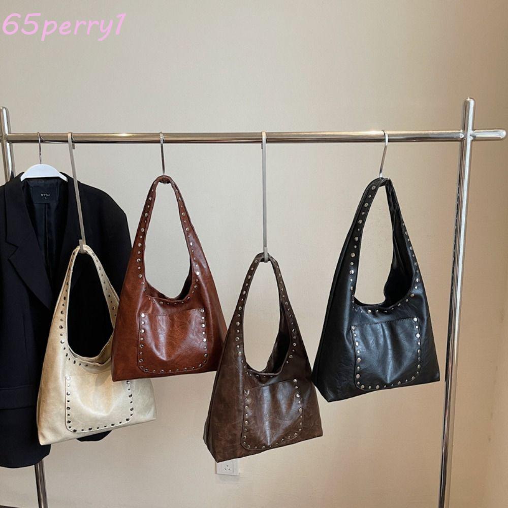 PERRY1 กระเป๋าสะพายหมุดย้อนยุค, Y2K Oil Wax Leather Vintage Underarm Bag, Trend Multi-pocket Fashion