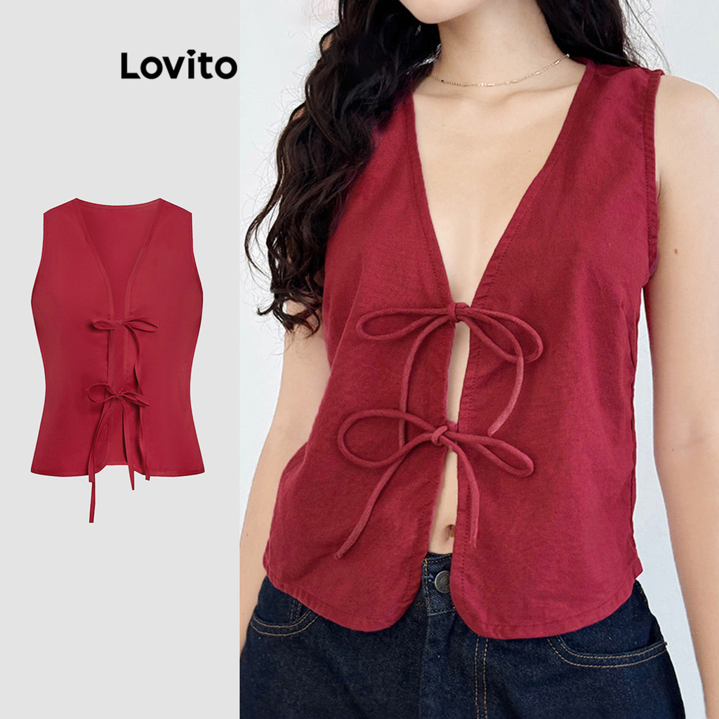 Lovito เสื้อแขนกุด ผูกเชือก สีพื้น สไตล์ลำลอง สำหรับผู้หญิง L112ED539