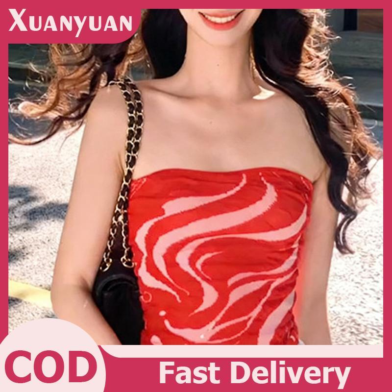 XUAN Y2k Tie-dye เสื้อกั๊กแขนสั้น Top Strapless ตาข่าย Halter เสื้อแขนกุด Bandeau Tank Tops ออกไปข้า