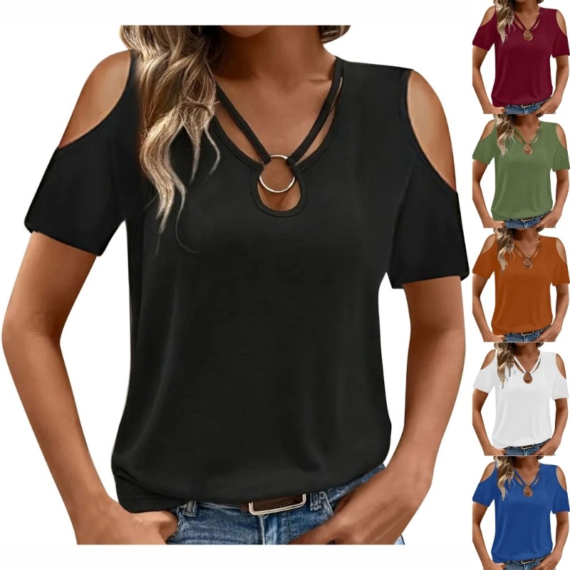 WELL Womens Cold Shoulder Cut Out Short Sleeve Metal Trend Hollow Out Casual Loose Blouse