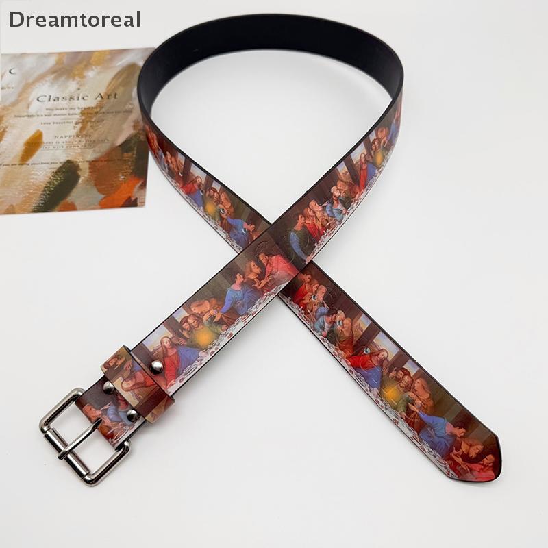 [DMT] Y2k Belt Foonable Print Belt Last Supper Time Retro Belt สําหรับผู้ชายและผู้หญิงเยาวชนหนัง PU