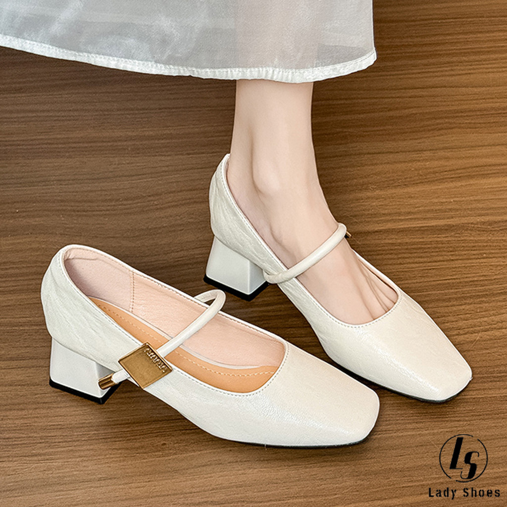 [LS] รองเท้าลําลองผู้หญิง Mary Jane สไตล์เกาหลี ส้นเตารีด สีขาว สำหรับใส่ไปเรียน ทำงาน รับปริญญา 2 นิ้ว
