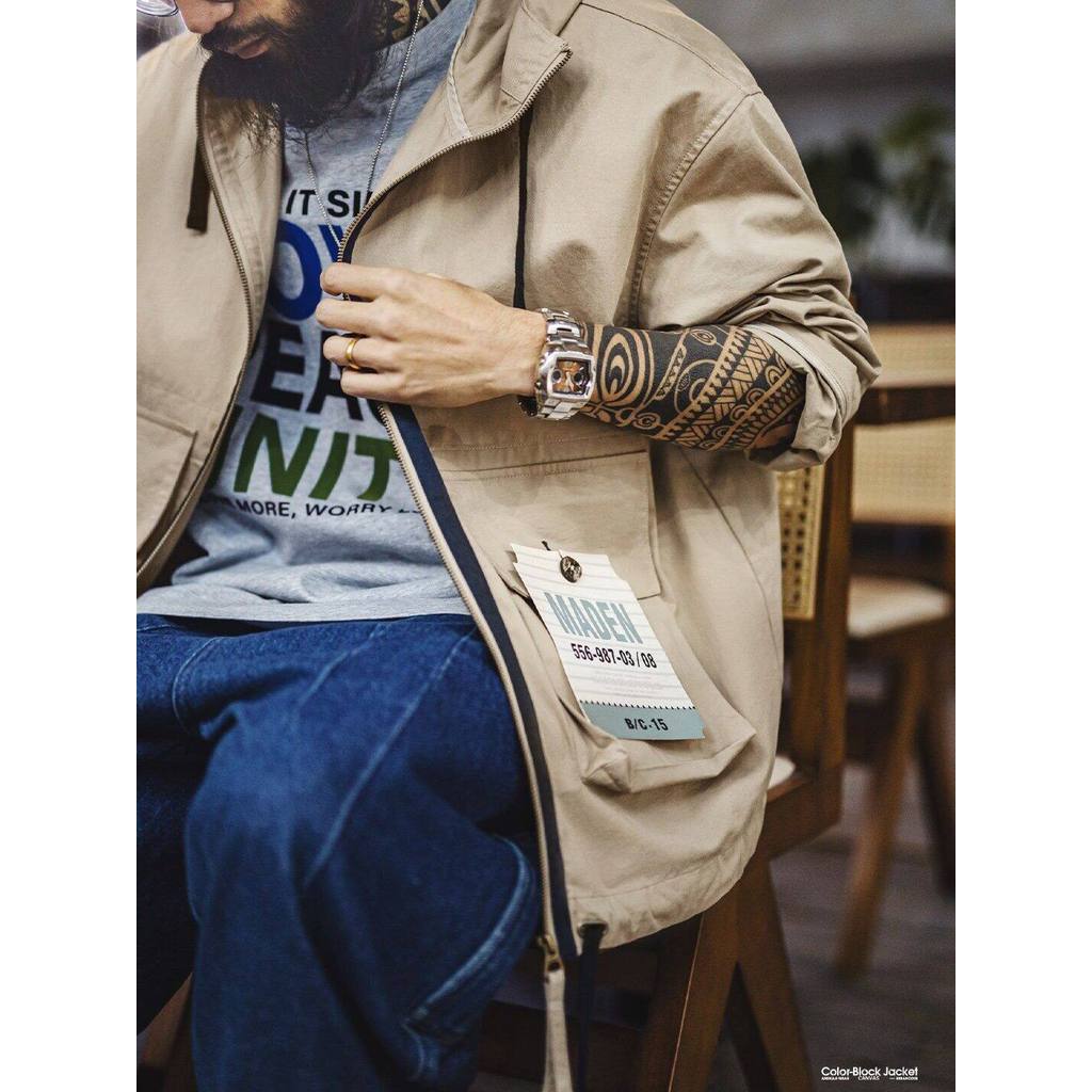 Retro Mens American Retro Cotton Canvas Jacket Khaki Multi-Pocket Stand Collar Hooded Thin Workwear Coat Spring — صورة 3