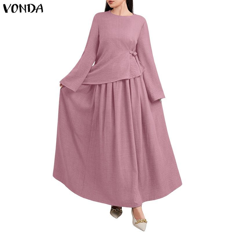 VONDA เสื้อกลุ่มวินเทจสำหรับผู้หญิง ออกแบบมาให้มีการผูกที่คอน่ารัก เสื้อแขนยาวทอผ้าดีไซน์พูลโอเวอร์ 