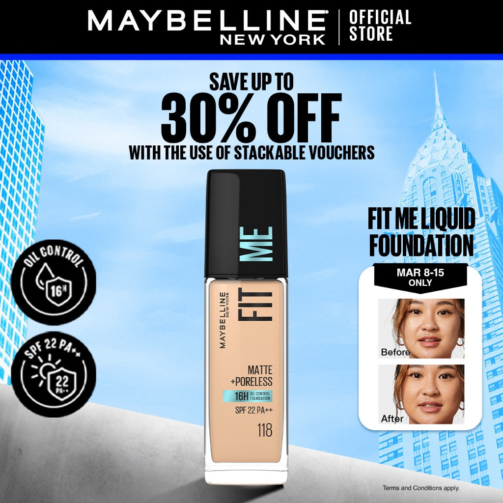 ในสต็อก Fit Me Foundation 16HR Long-Lasting, Oil Control, Natural Coverage, Matte, SPF22 PA+++