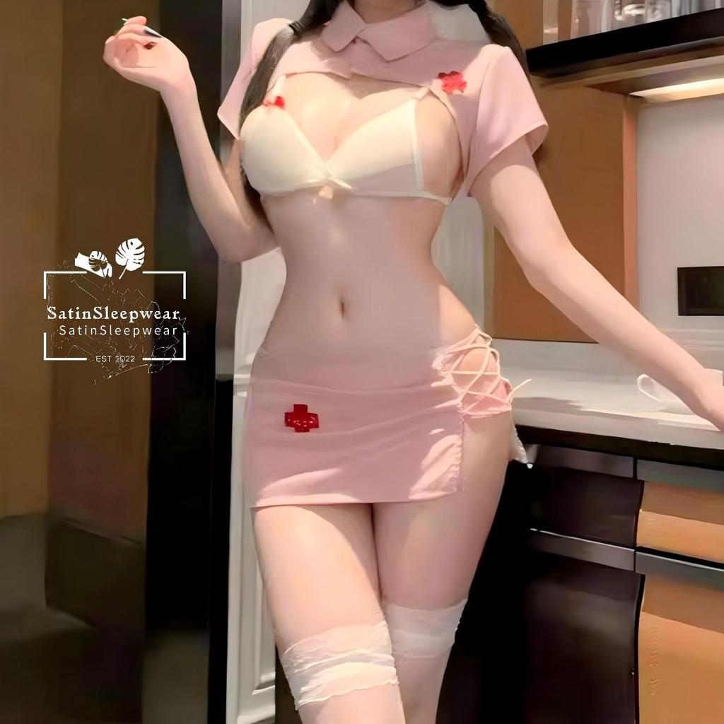 SatinSleepwear💖💖Cosplay  ชุดพยาบาลสุดเซ็กซี่ ดีไซน์เว้า เข้ารูปกระชับ จัดส่งจากประเทศไทย.
