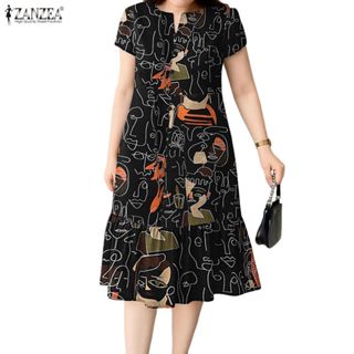 ZANZEA ชุดเดรสแขนสั้นคอลาย V พิมพ์ลายแฟชั่นเกาหลี