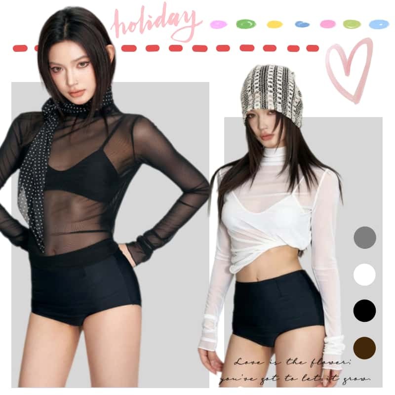 Hot.Bikini🏖️🍃แขนยาวลูกไม้เซ็กซี่ ผ้าซีทรู แขนยาวโปร่งแสง เนื้อผ้านุ่ม เสื้อชีฟองคอสูง สวมใส่สบาย 4 สี ส่งไวจากไทย