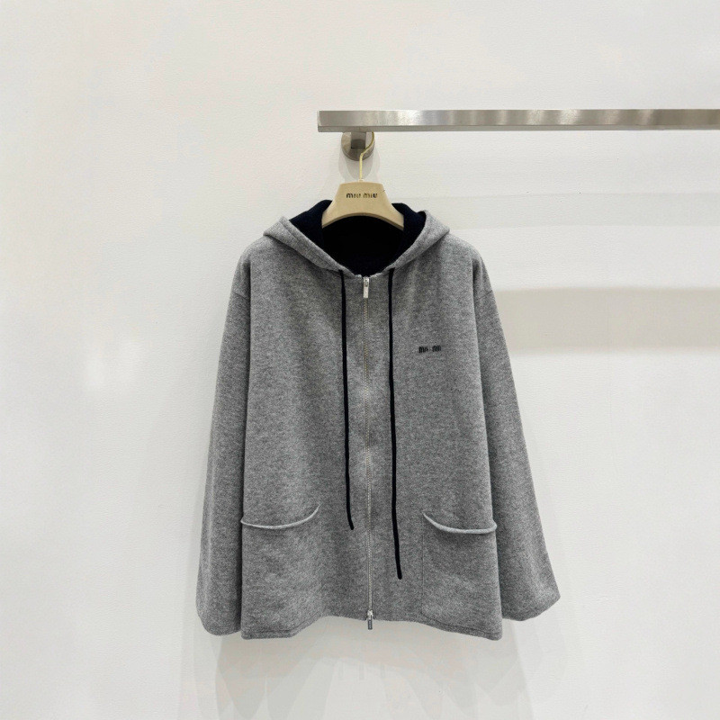 I6T1 Mi**iu Custom-made25New autumn and winter letter embroidery long-sleeve gray double-pocket hood